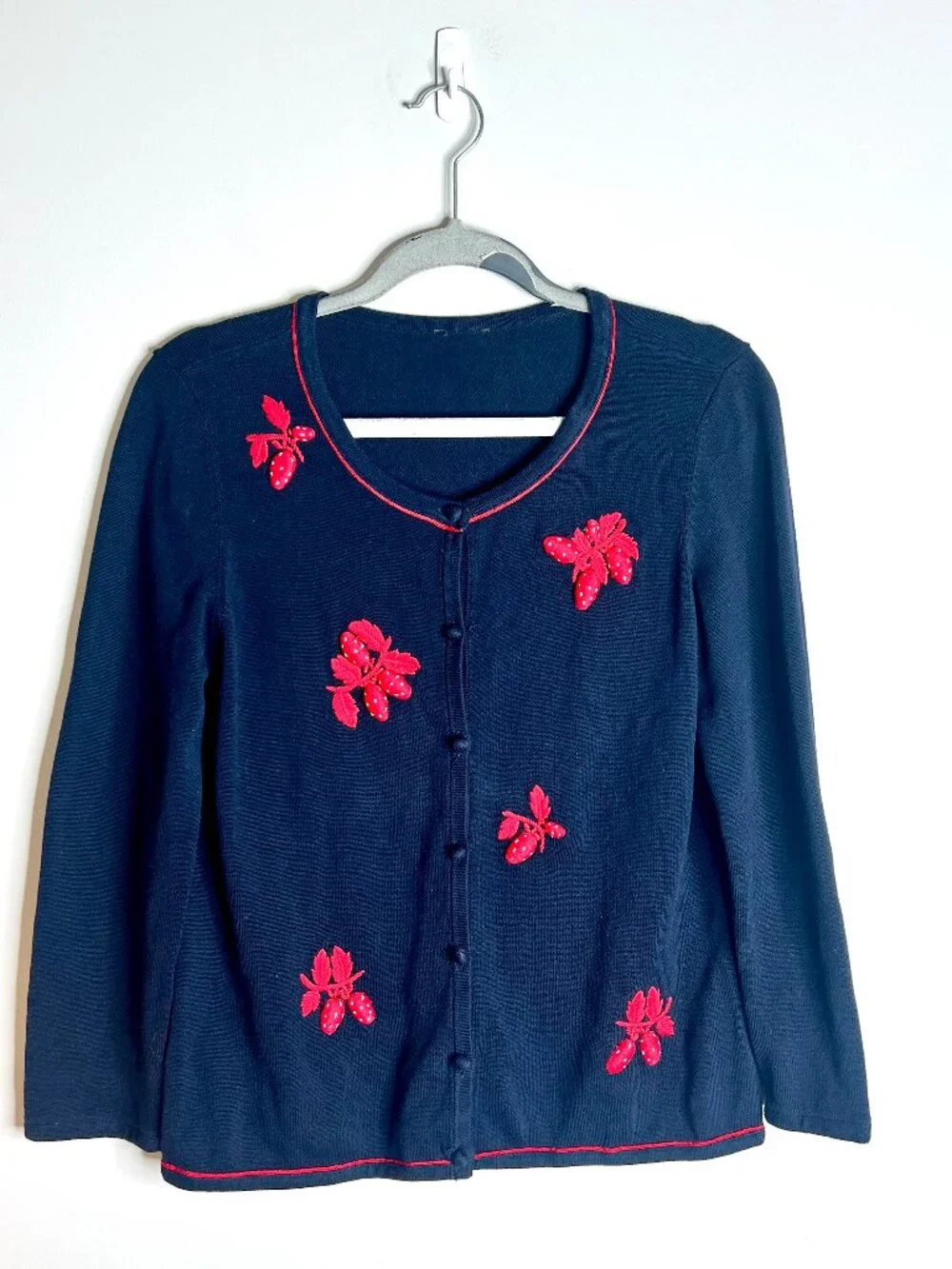 Talbots Charming Cardigan 3D Knit Embroidered Strawberries Crew Neck Preppy S